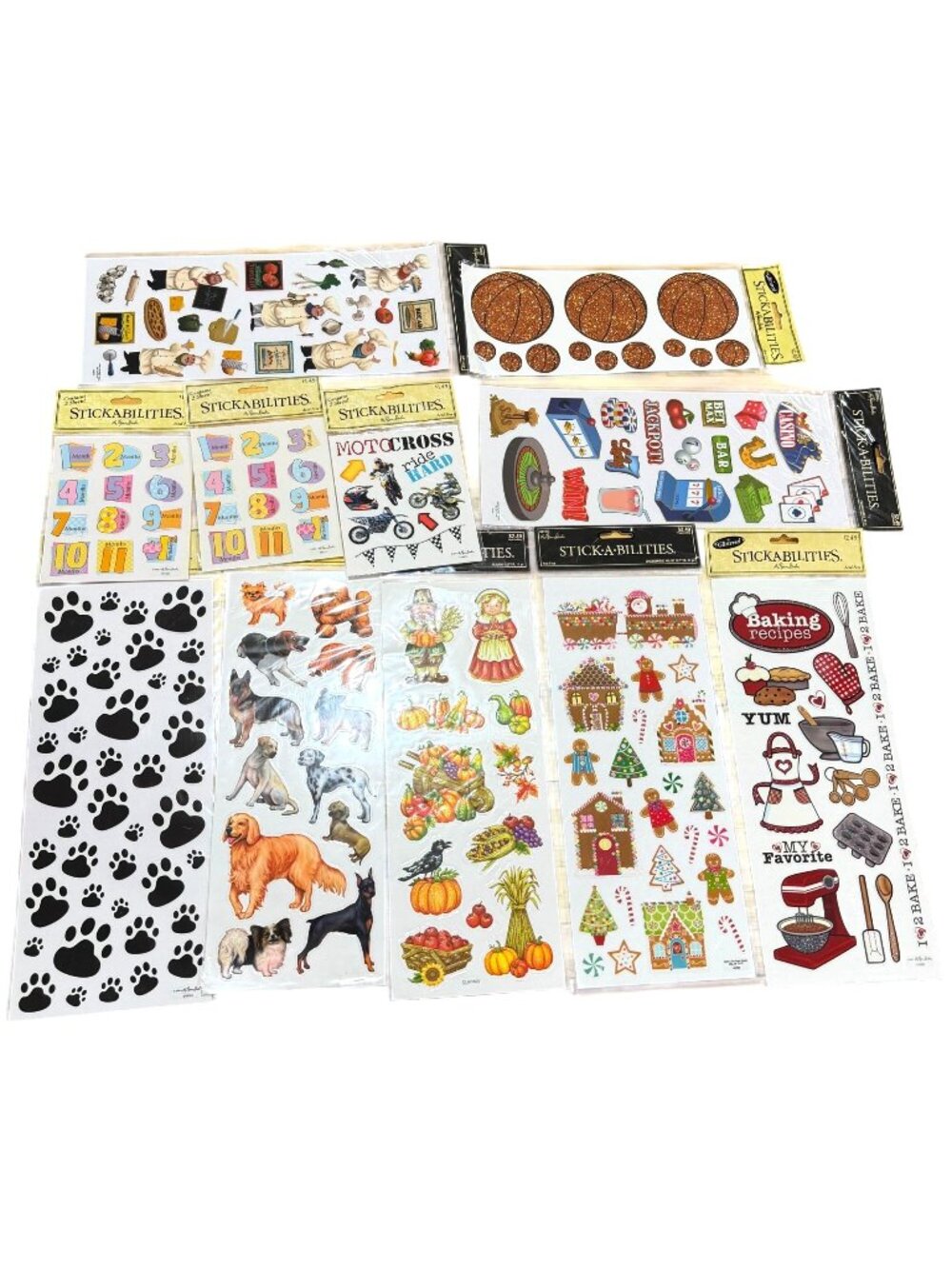 Stickabilities Sticker Set Motocross Basketball Paw Prints Baby Baking Dog Fall